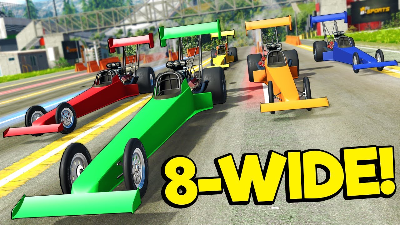 Upgraded Dragsters Crash while Racing 8-WIDE in BeamNG Drive Mods!