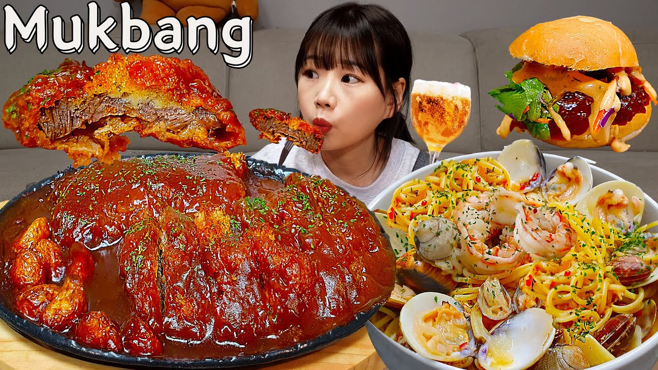 Sub)Real Mukbang- Котлета из говядины 🍽 Паста Вонголе 🍜 Бургер 🍔 Хайбол 🥂 АSМR