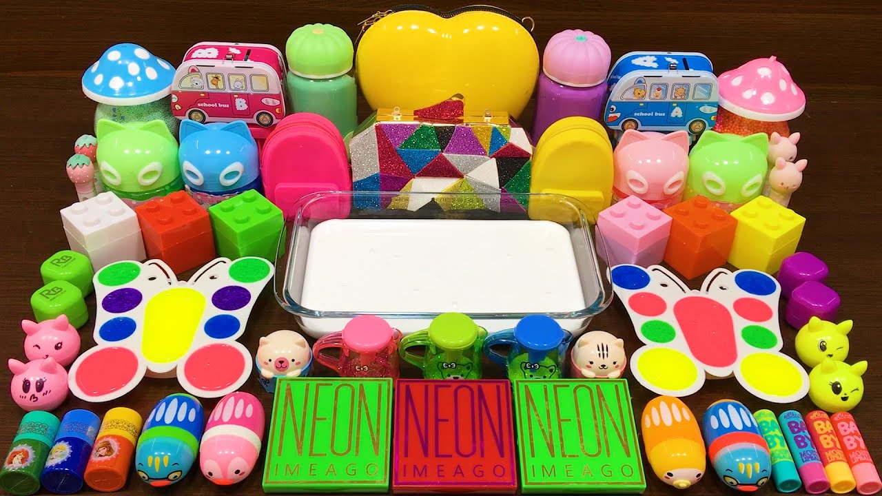 NEON Slime ! Mixing Random Things into Glossy Slime! Satisfying Slime Video #97