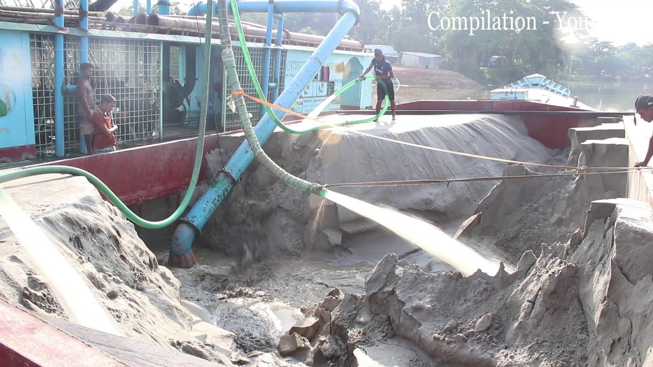 Sand unloading in the rivers by ships and pipe machine