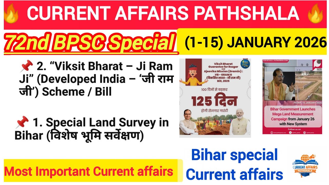 January 1–15 Current Affairs 2026 | 72nd BPSC & Bihar Exams | All Important Topics