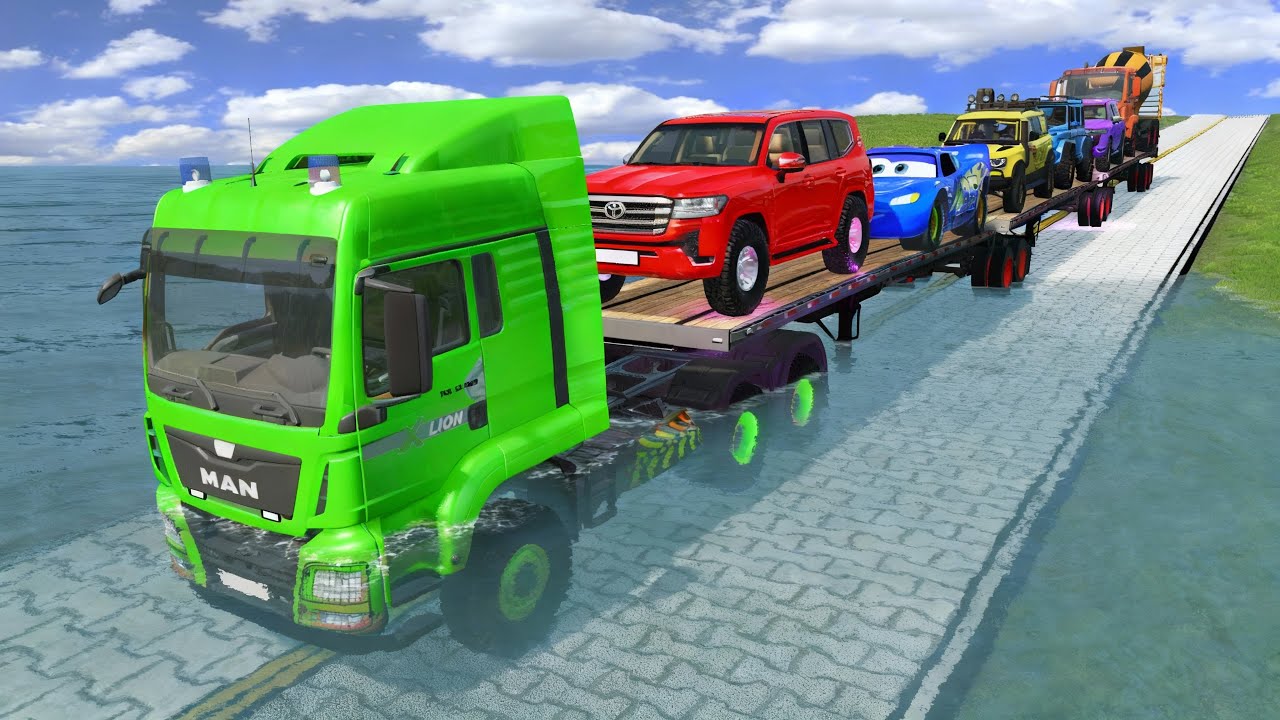 Flatbed Truck McQueen Transportation  Pothole vs Cars #081  BeamNG Drive