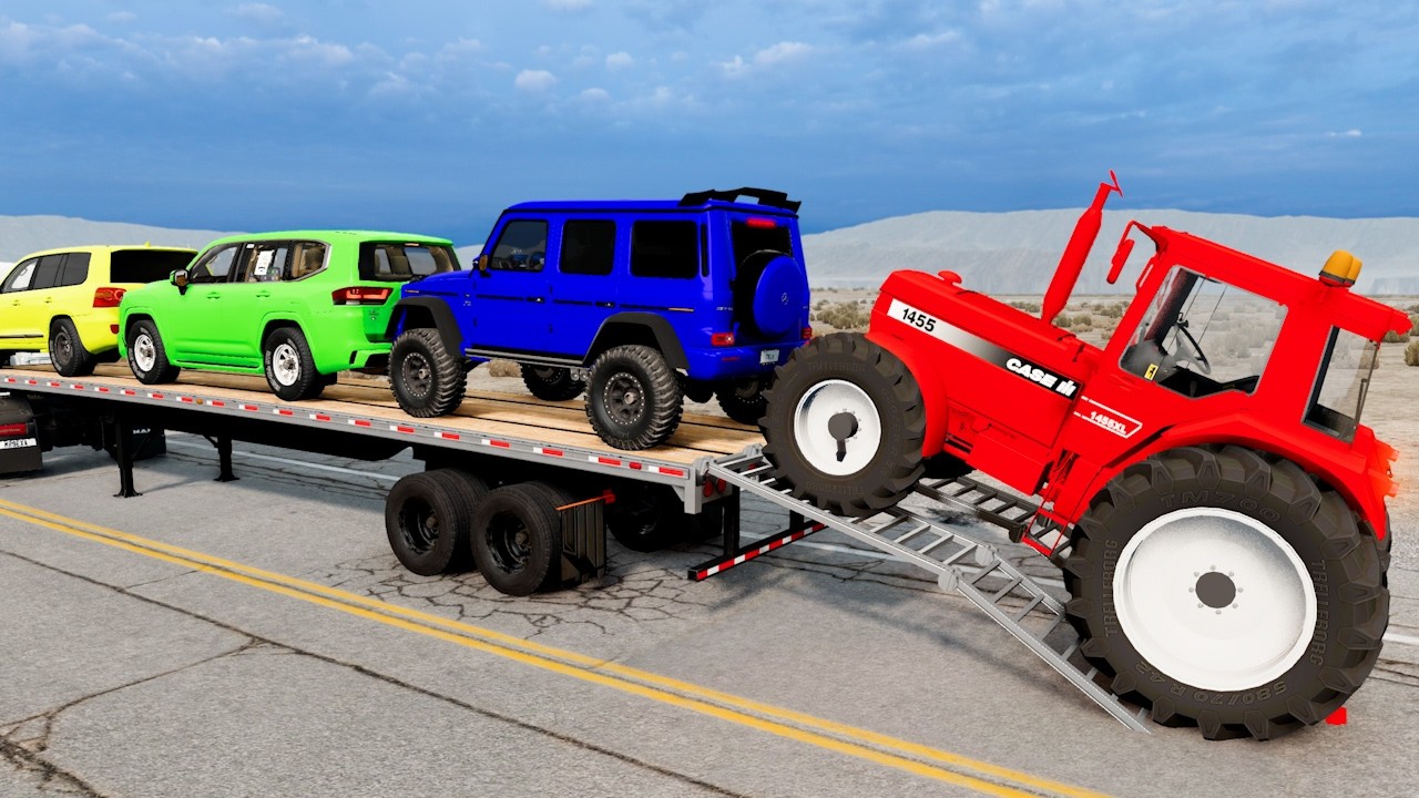 Flatbed Trailer McQueen Transportation with Truck - Speedbumps vs Cars vs Train - BeamNG.Drive #022