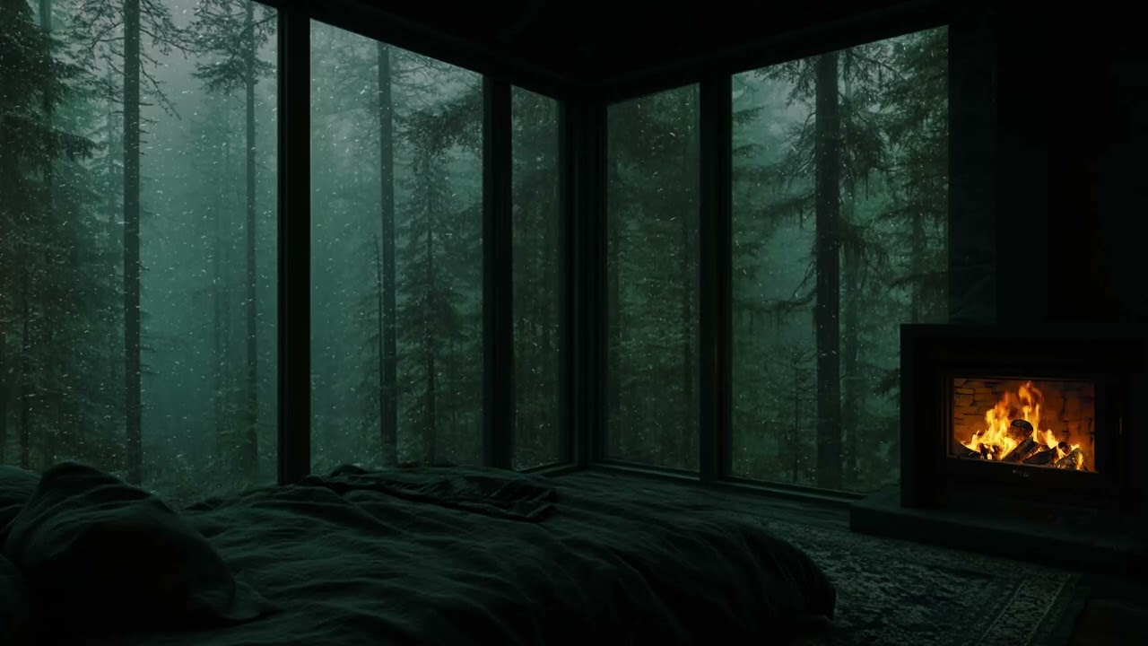 Rainy Night in a Hidden Forest Retreat | Warm Fireplace by the Window | Calm Sleep Atmosphere