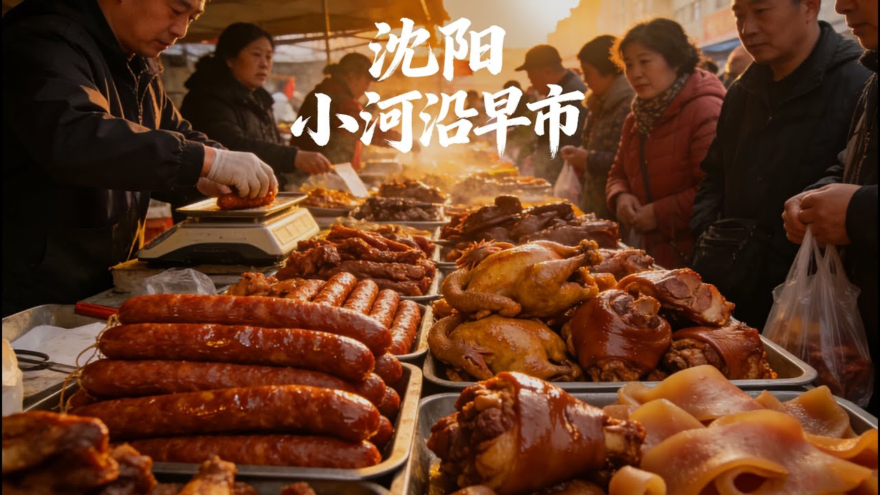 超级震撼的中国沈阳小河沿早市，每一口都是地道东北味！满满烟火气！铁岭牛肉火勺酥脆可口，自制排骨肠肉香四溢！紫薯年糕软糯香甜！千丝烤冷面酸甜辣爽、东北粘豆包、蛋堡、回民回头、驴打滚等各种美食数不胜数