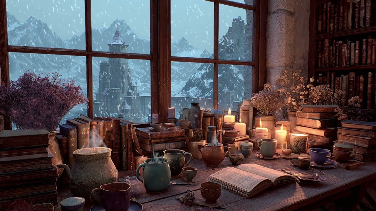 Peaceful Winter Night with Falling Snow and Fireplace | Cozy Sleep Ambience for Relax and Study