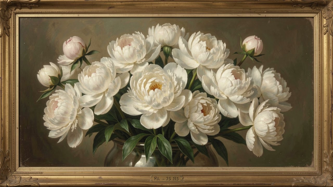 2 Hours Framed Painting Screen | White Peony Still Life Art Frame for Ambient Display | 4K