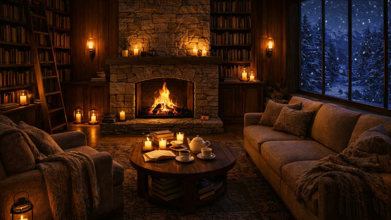You Fell Asleep in a Warm Snowy Cabin ❄️ Soft Jazz & Fireplace Blizzard Night
