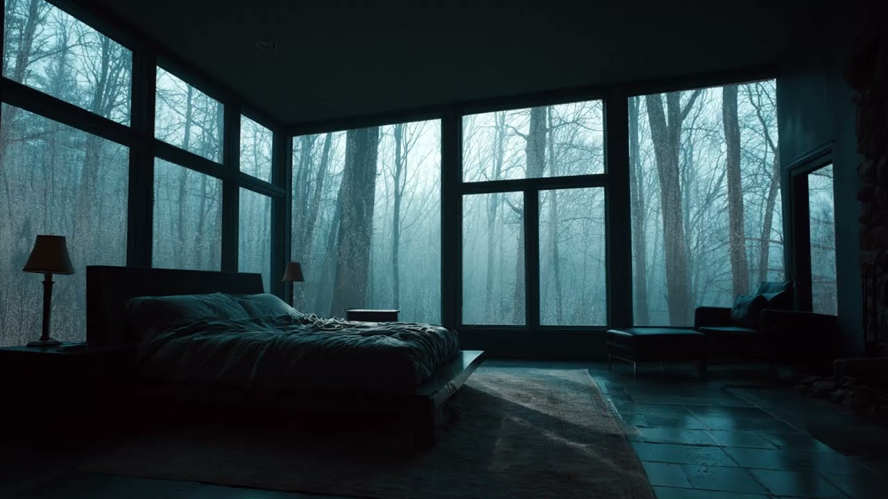 Heavy Rain on Window in a Forest Bedroom - Calming Rainstorm Sounds for Sleep and Relaxing