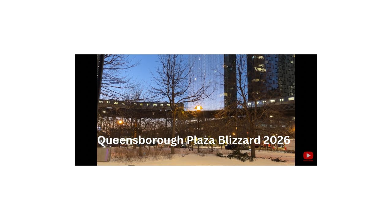Queensborough Plaza - rush hour NYC Snow storm 2026 trains passing Subway 7 train New York 