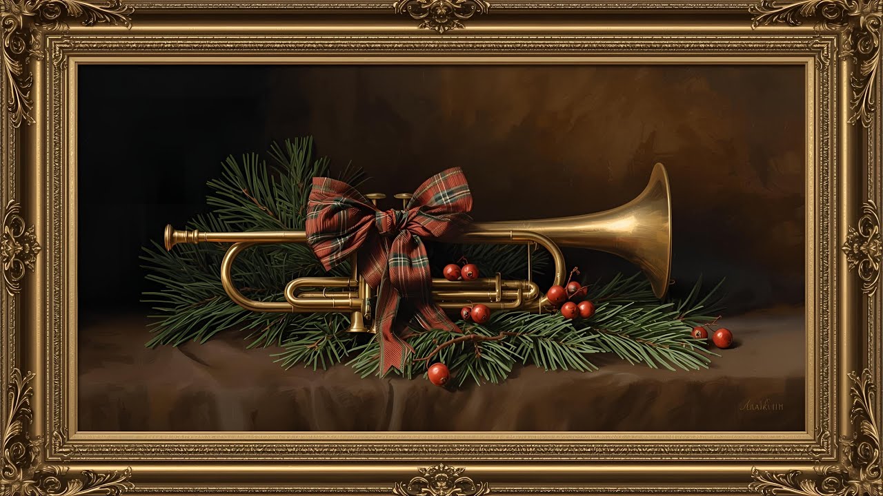 Moody Christmas Trumpet in Gold Frame | Old Money Holiday TV Art Screensaver @99for1TVart 