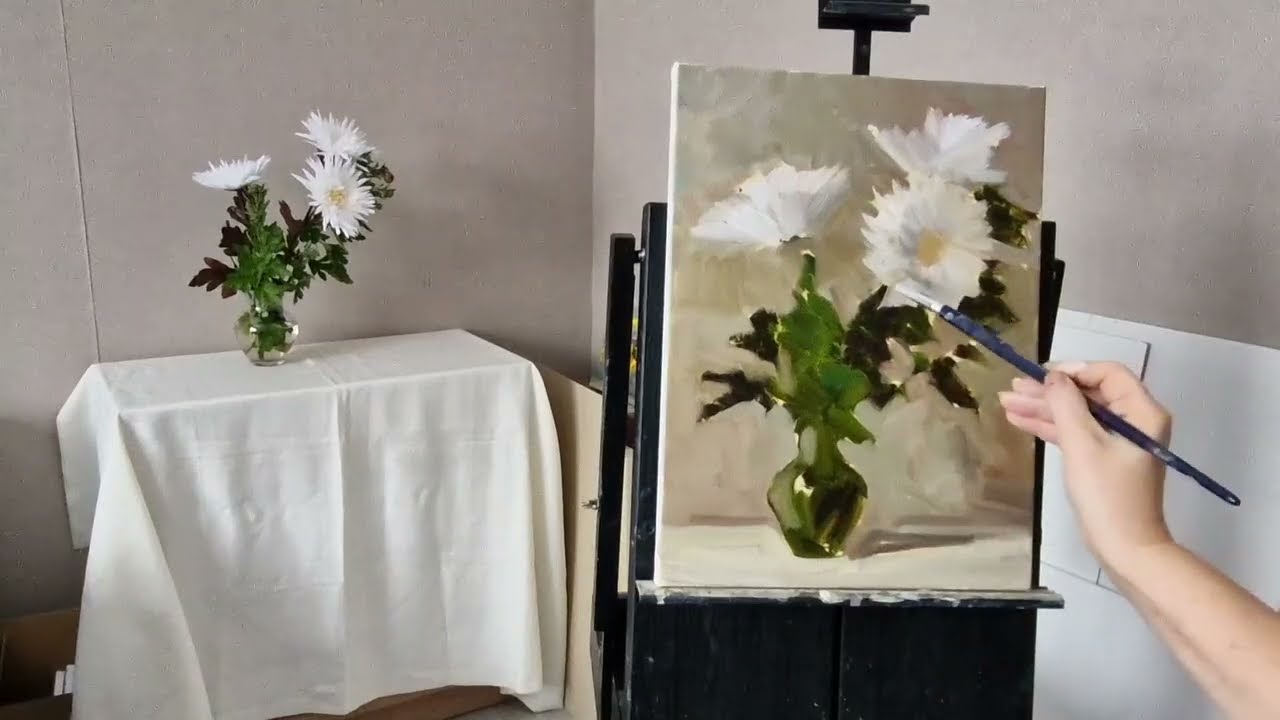 Белые хризантемы  Живопись маслом