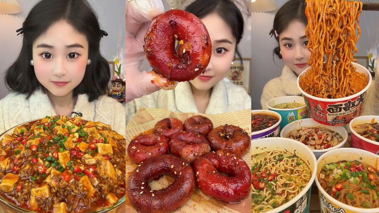 Mukbang#part 405:Eat Spicy🔥noodles🍜   with Rice noodle 🍜 Soup meatball 🧆#delicious #mukbang #pork 