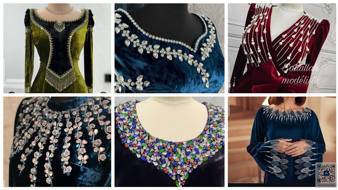 Top luxury neck and sleeve velvet design ideas💡 2025جواهر دوزی و دیزاین یخن و آستین لباس مخمل مجلسی