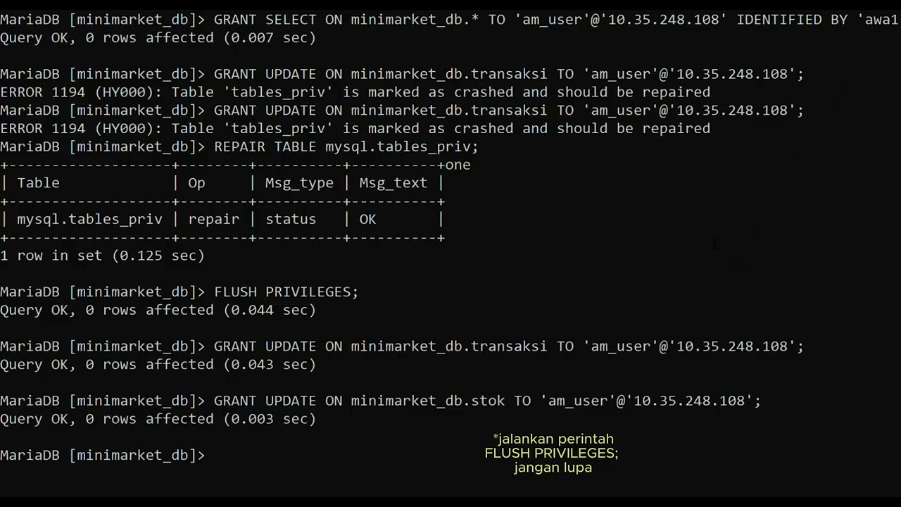 PART 1 MEMBUAT DATABASE PADA SISTEM MINIMARKET,  BERSERTA BERIKAN HAK AKSEA PADA SETIAP USER
