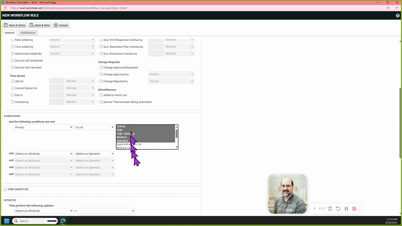 Autotask Workflow Rule to Update Ticket Type and Ticket Category