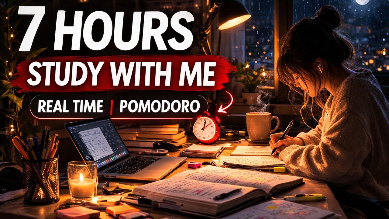7 Hours Study With Me (Real Time) | Pomodoro Timer | Night Study Ambience
