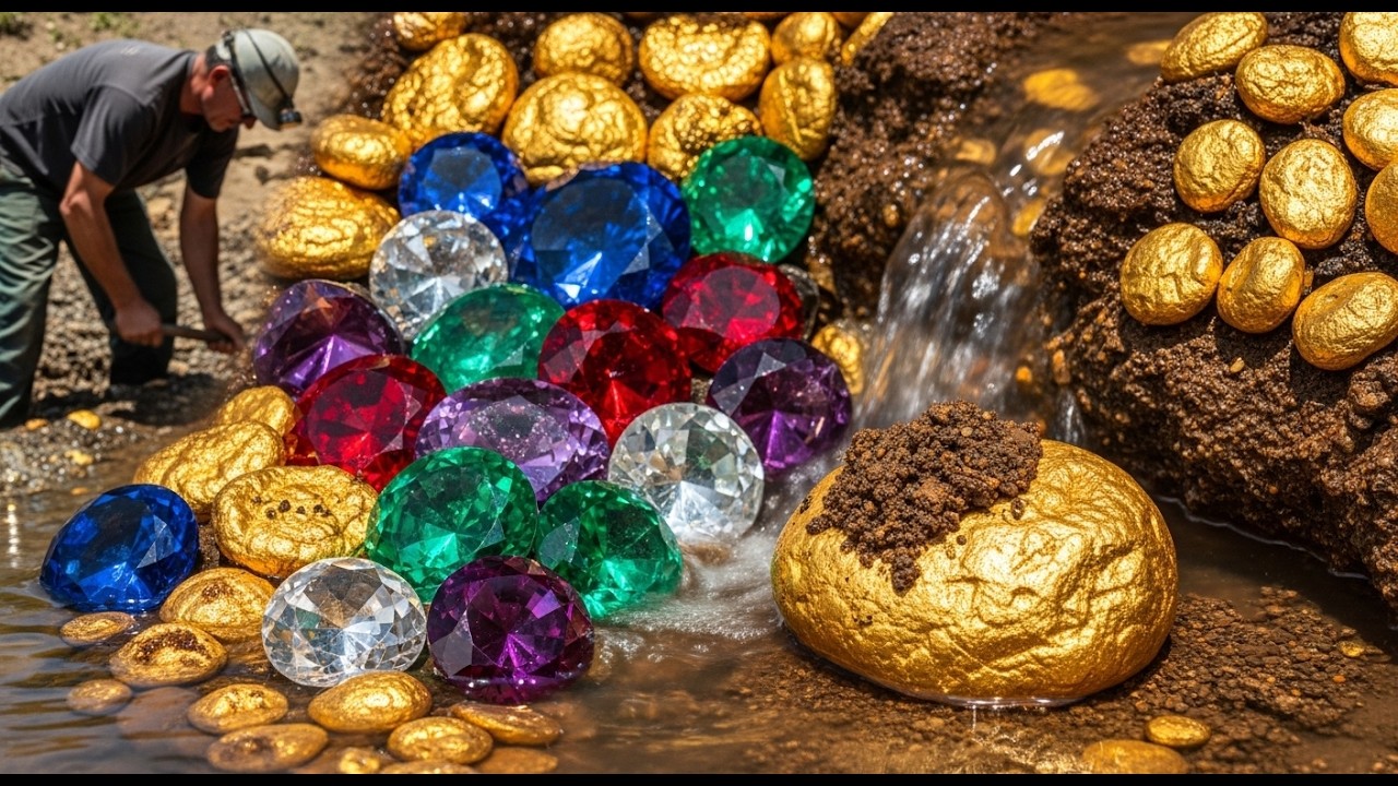 beautiful gems 💎 and gold nuggets, digging expensive gold at riverside