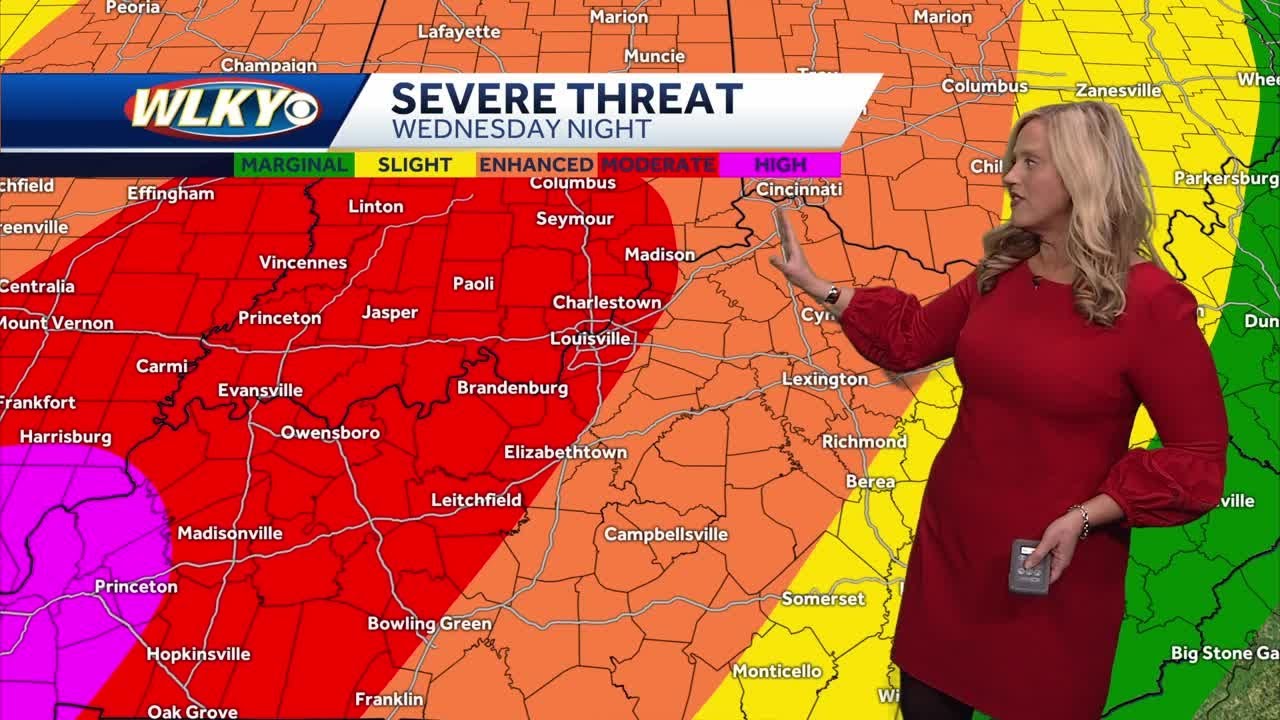 Louisville at a level 4 out of 5 severe weather threat level Wednesday night; 9 a.m., April 2 for...