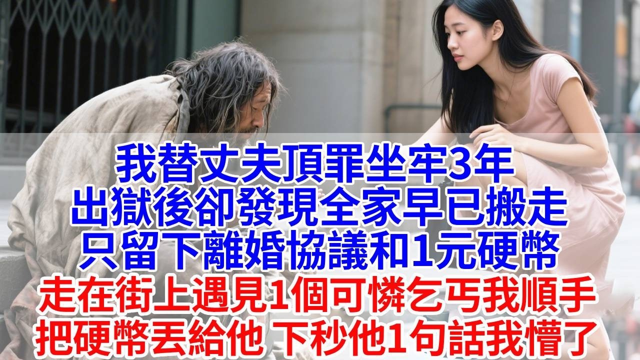 我替丈夫頂罪坐牢3年，出獄後卻發現全家早已搬走，只留下離婚協議和1元硬幣。走在街上遇見一個可憐乞丐，我順手把硬幣丟給他，不料下秒乞丐一句話我懵了。#婆媳故事#為人處世#生活經驗#情感故事#故事#小說