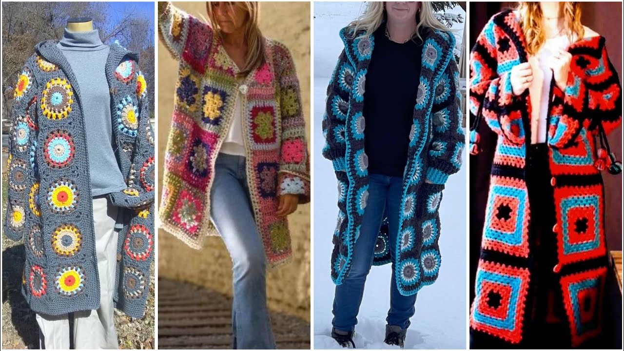 Beautiful crochet multicoloured long cardigan jacket designs 