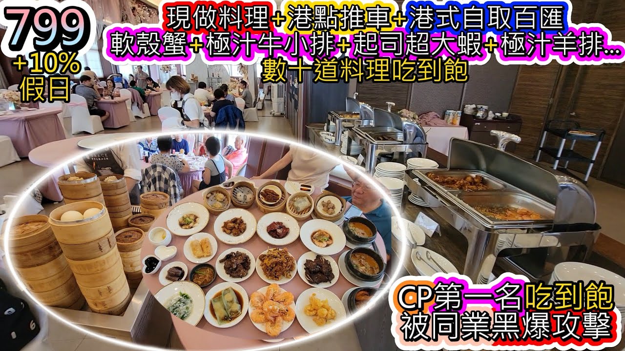 799吃北部CP值第一名吃到飽，結合現做料理+港點推車+港式自助百匯/軟殼蟹+極汁牛小排+起司超大蝦+極汁羊排... 明明有著第一名的實力，卻被同業網軍黑到底，可嘆~網路輿論力量的可怕!