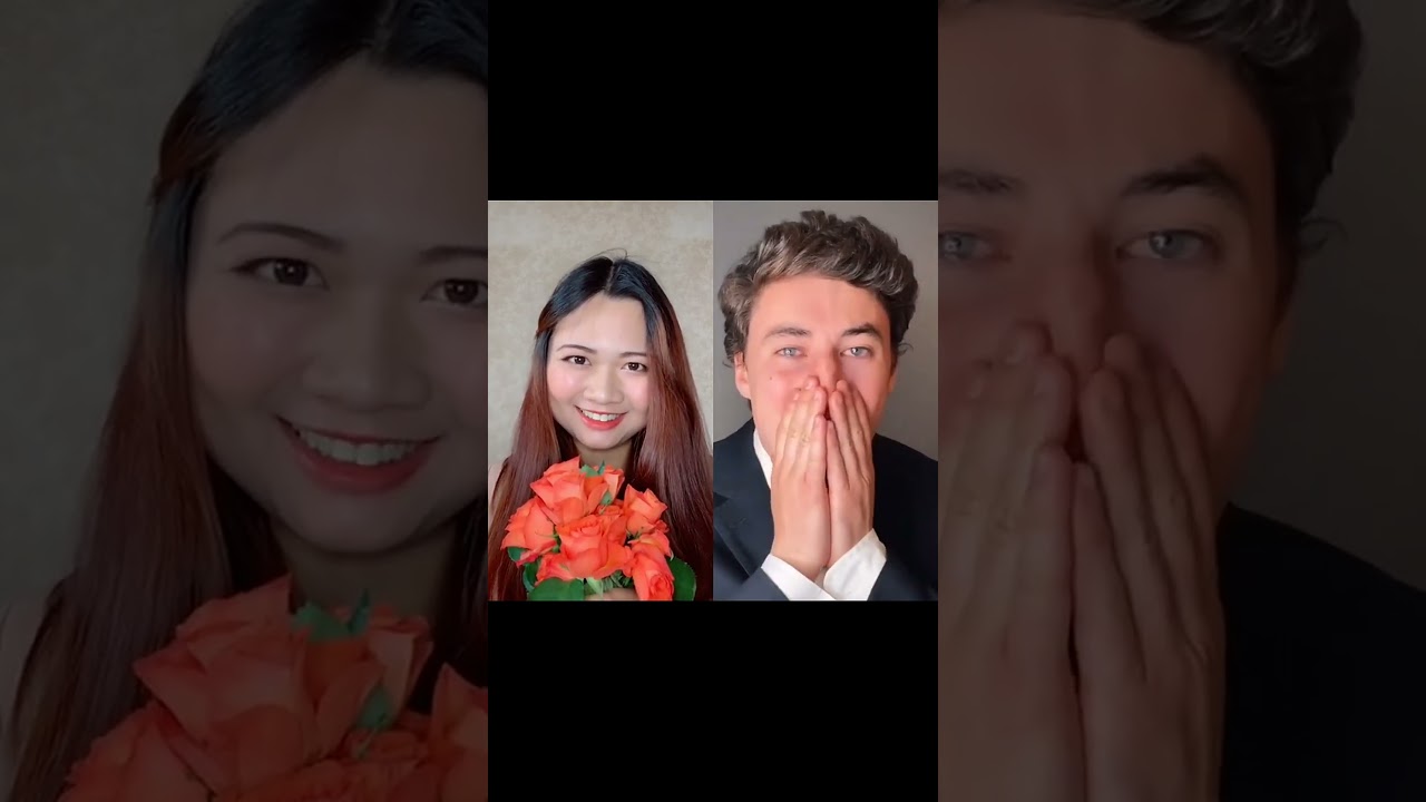 Split-Screen Affection: A Gentleman's Admiring Gaze at a Woman with Flowers#Admiration