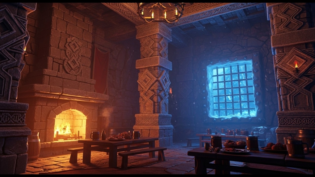 Dwarven Tavern Ambience 🍺 Winter Storm Outside & Warm Fireplace [Cozy & Safe] [2 Hours]