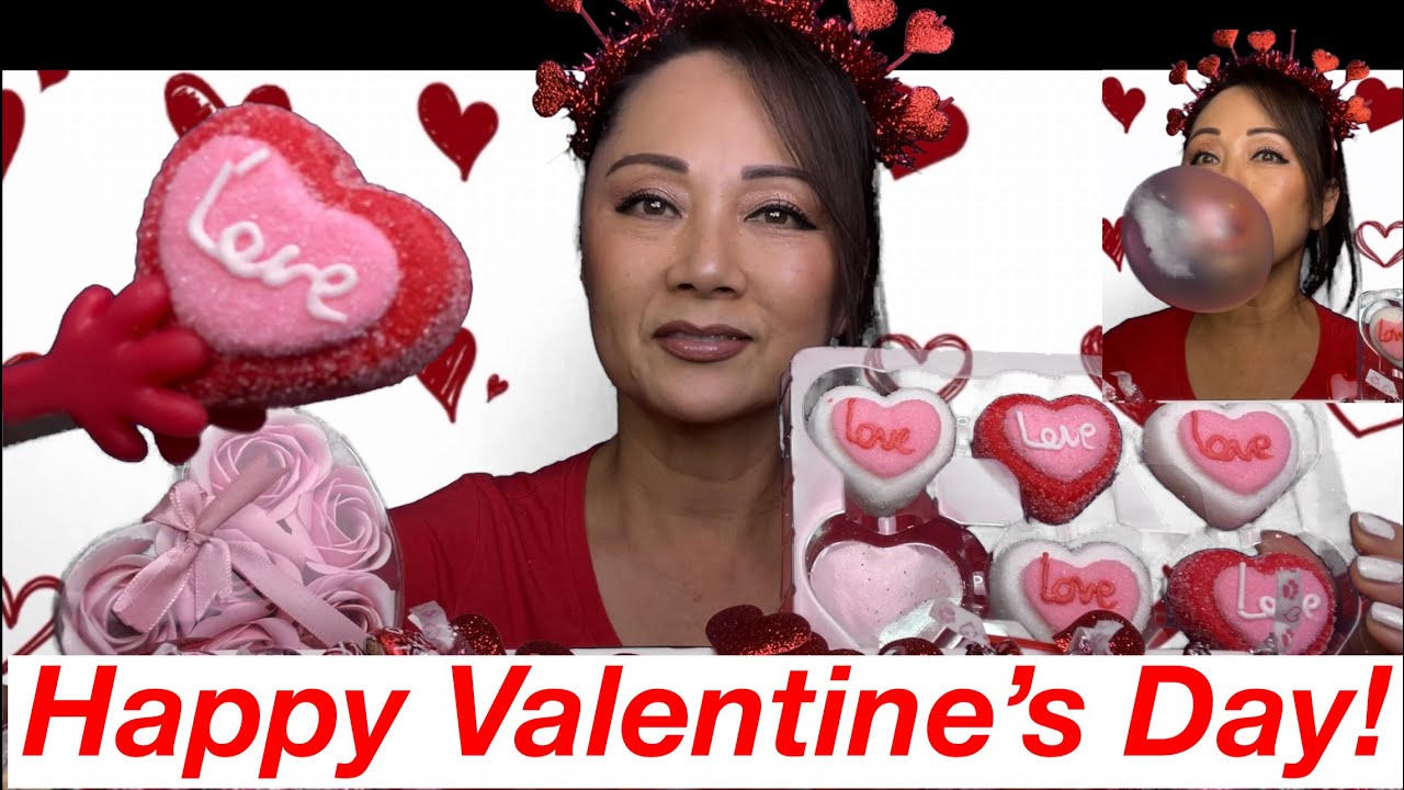 ASMR VALENTINE'S DAY TREATS & BLOWING RED BUBBLES CHARLIE BROWN HERSHEY'S KISSES GUMMIES MARSHMALLOW