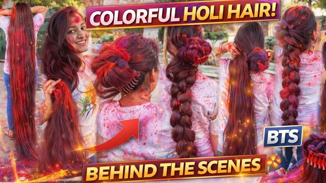 after playing holi her floor length hair became colourful 😍 holi BTS | giant bun & braid hairstyles