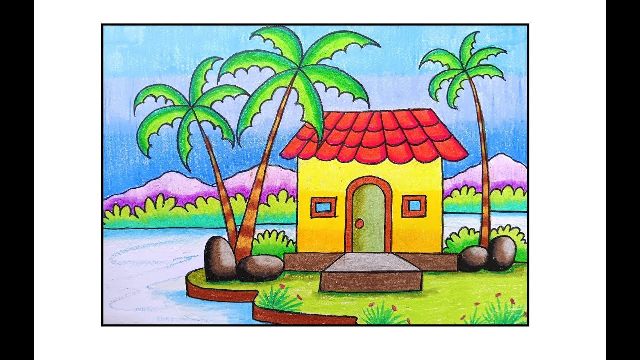 HOW TO DRAW BEAUTIFUL  BEACH SIDE HOUSE/BEATCH SIDE HOUSE SCENERY/EASY BEATCH SIDE LANDSCAPE