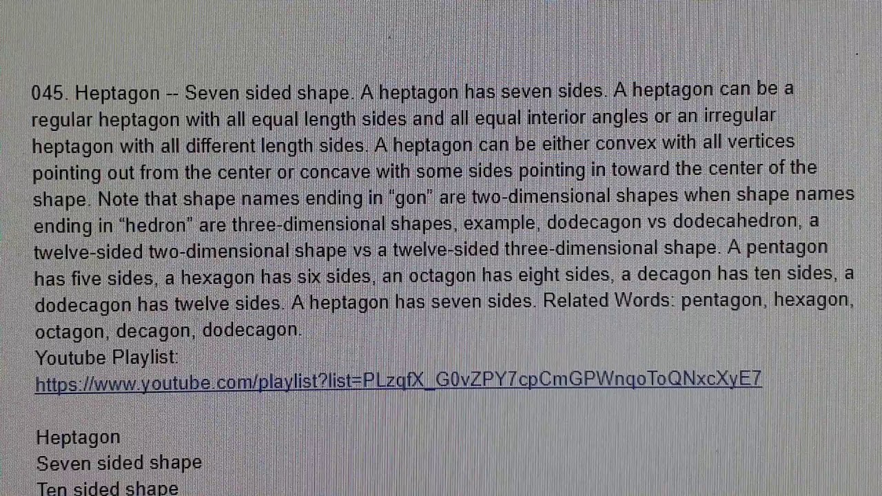 CreatorMath.com Geometry Vocabulary 045. Heptagon -- Seven sided shape.