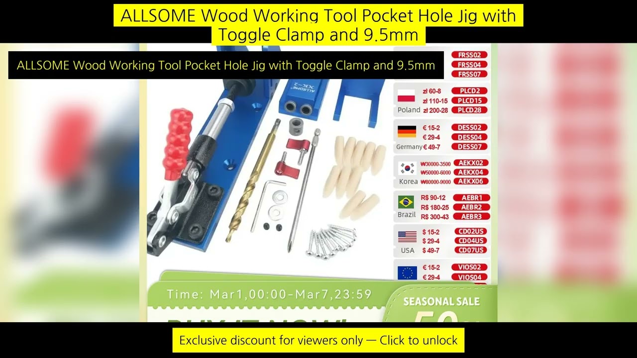 Allsome Wood Working Tool Pocket Hole Jig With Toggle Clamp And 9.5Mm Drill