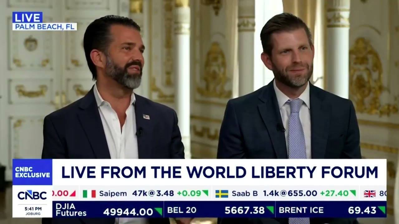 Дональд Трамп-младший и Эрик Трамп, World Liberty Financial, Сара Эйзен ~ 18 февраля 2026 г.