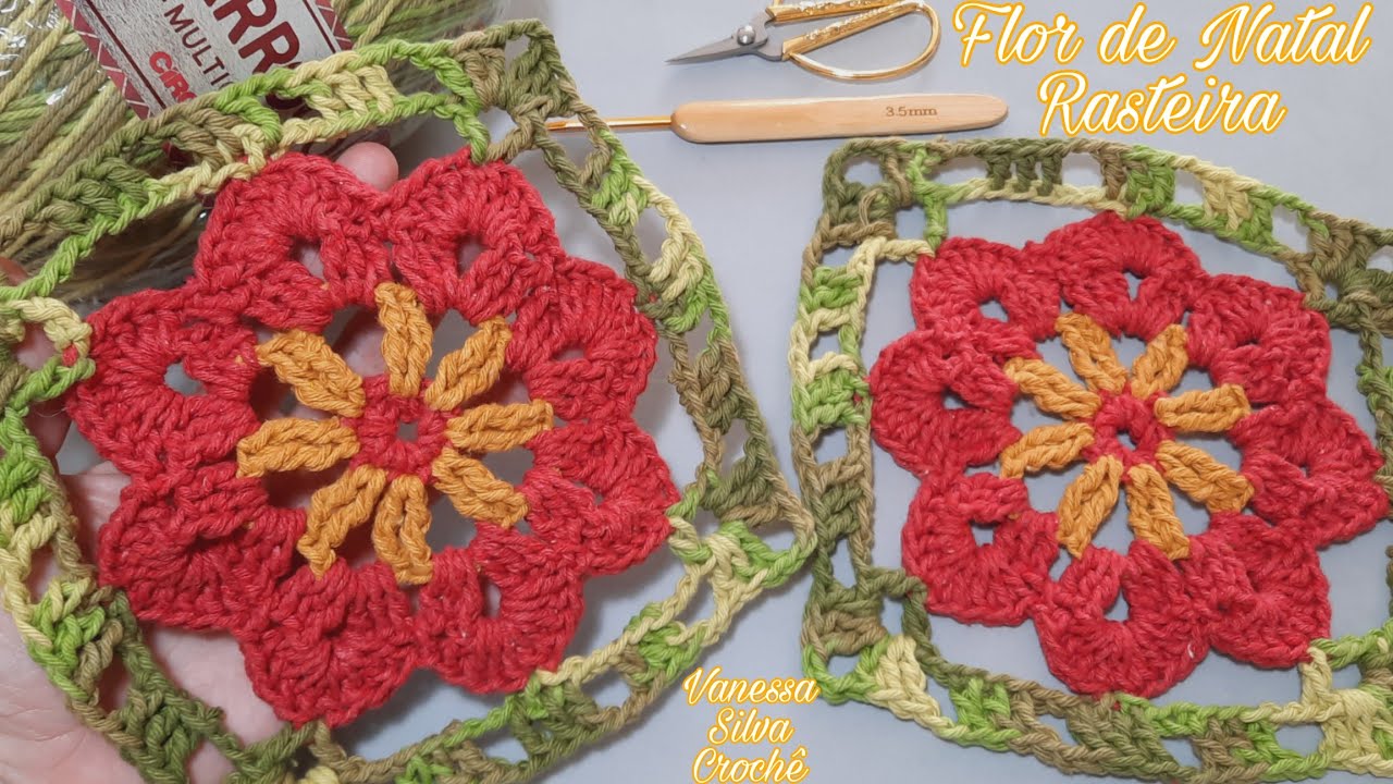 Flor de Natal Rasteira ♡ Square de Crochê com Flor Rasteira Bico de Papagaio Fácil