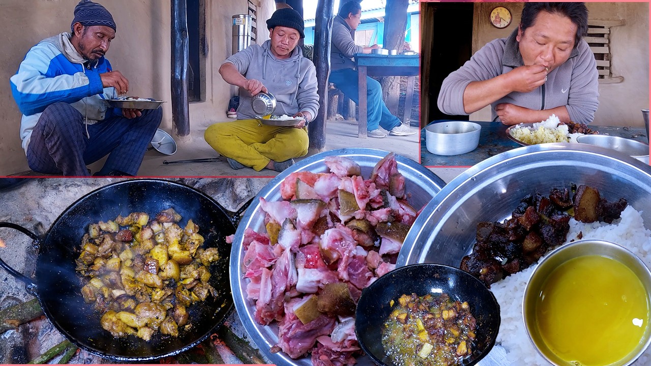 स्याल काका  fox uncle cooks PORK  curry & rice for US || Bhumi kitchen & cooking lunch ||