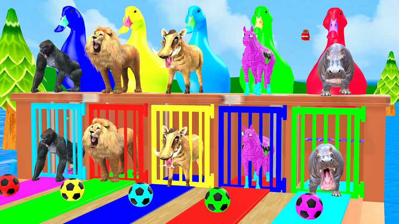 Long Slide Game With Cow Elephant Gorilla Hippopotamus Tiger - 3d Animal Game - Funny 3d Animals