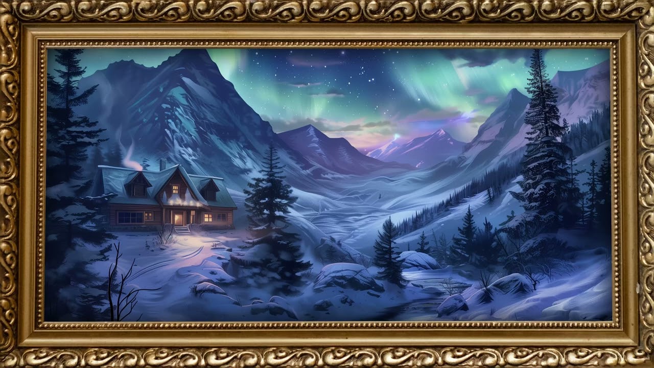 Northern Lights Winter Cabin with Gold Frame | 2 Hour 4K Aurora Art Display