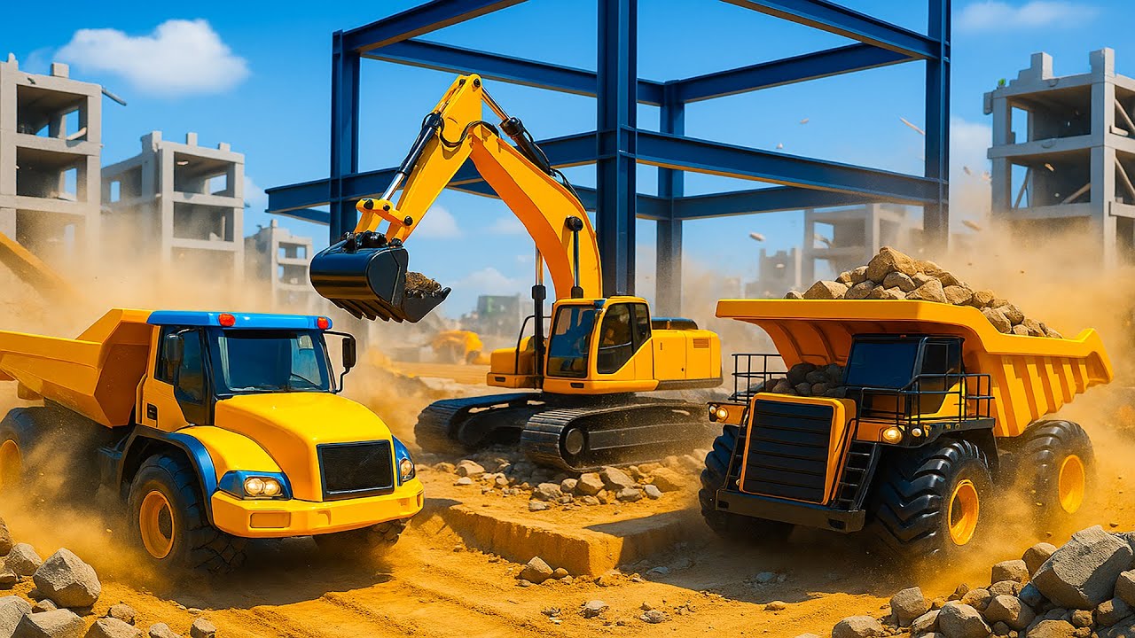 Construction Works: Excavator & Dump Truck Build Huge City Tower | Construction Animated