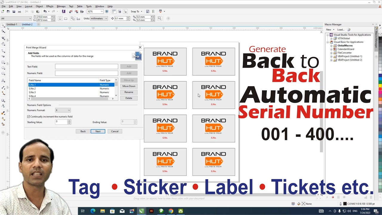 Back to Back Automatic Serial Number in Coreldraw | Print Merge