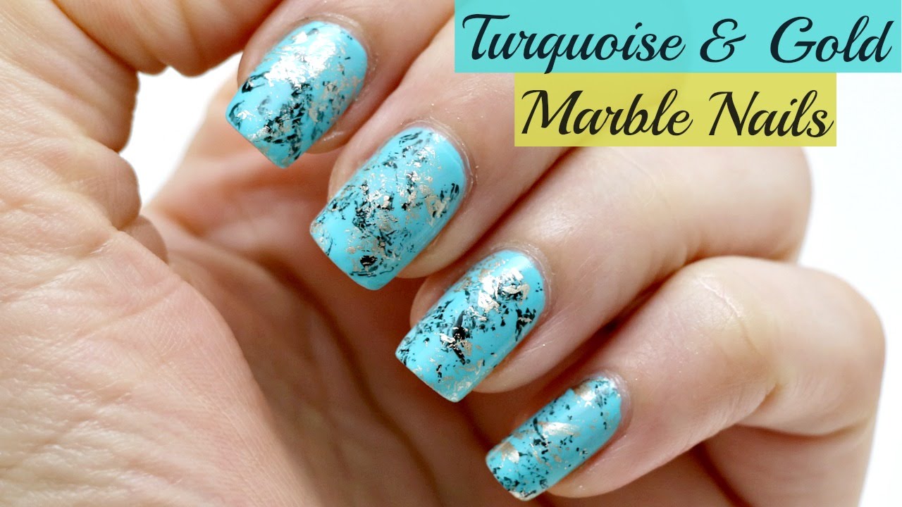 Easy Turquoise and Gold Marble Nail Art Design!