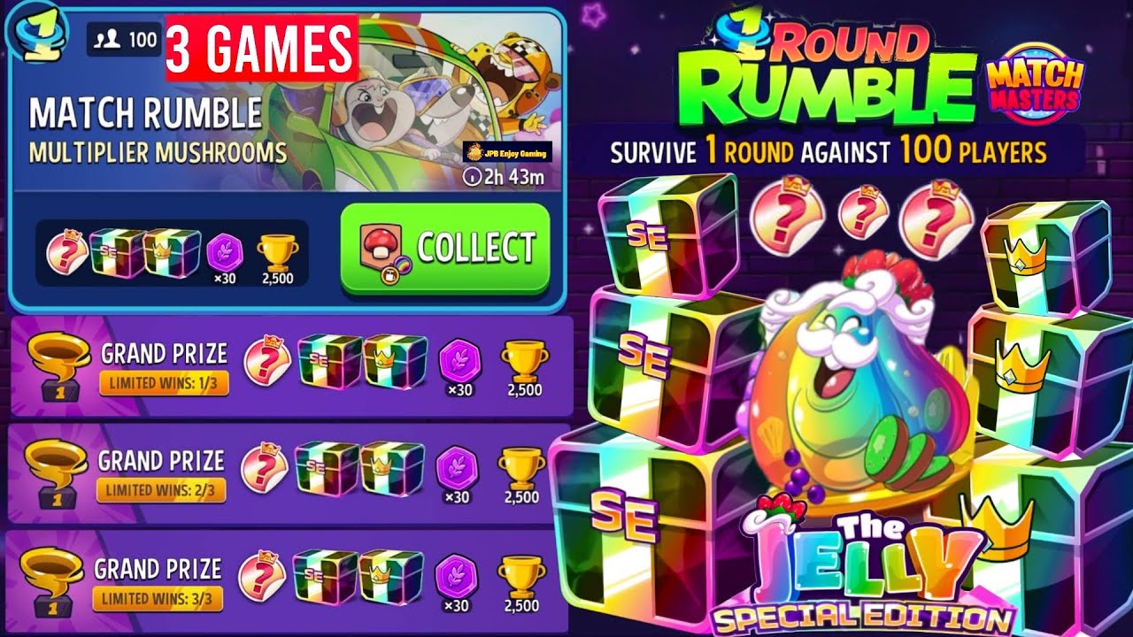 100 Players Match Rumble/ Multiplier Mushrooms+Rainbow+Blow'Em Up/ Play 3 Games/Match Masters