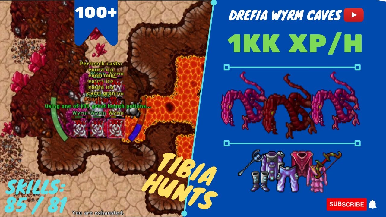 EK SOLO LVL 100+ 1KK XP/H - SKILLS 85/81 - Drefia Wyrm Caves - TIBIA HUNT