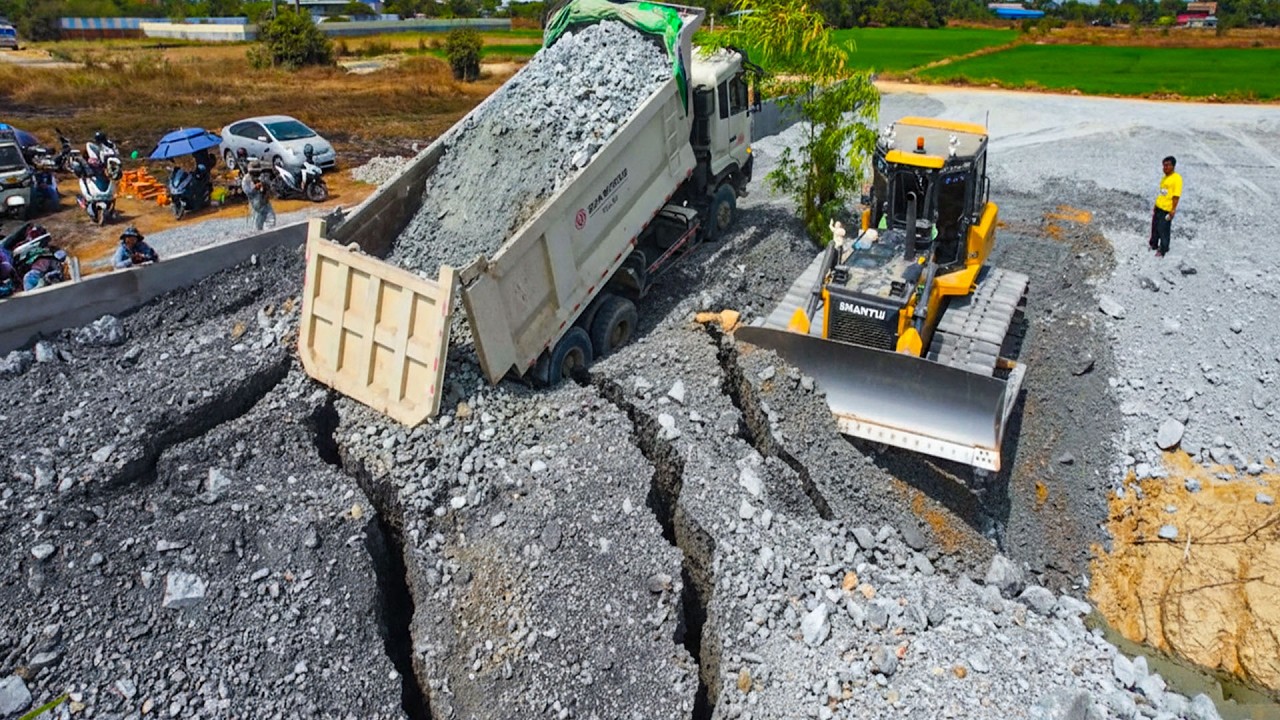 Impressive Landslide Talented Operator Dump Truck 25ton Back Uploading Overturned into pond water