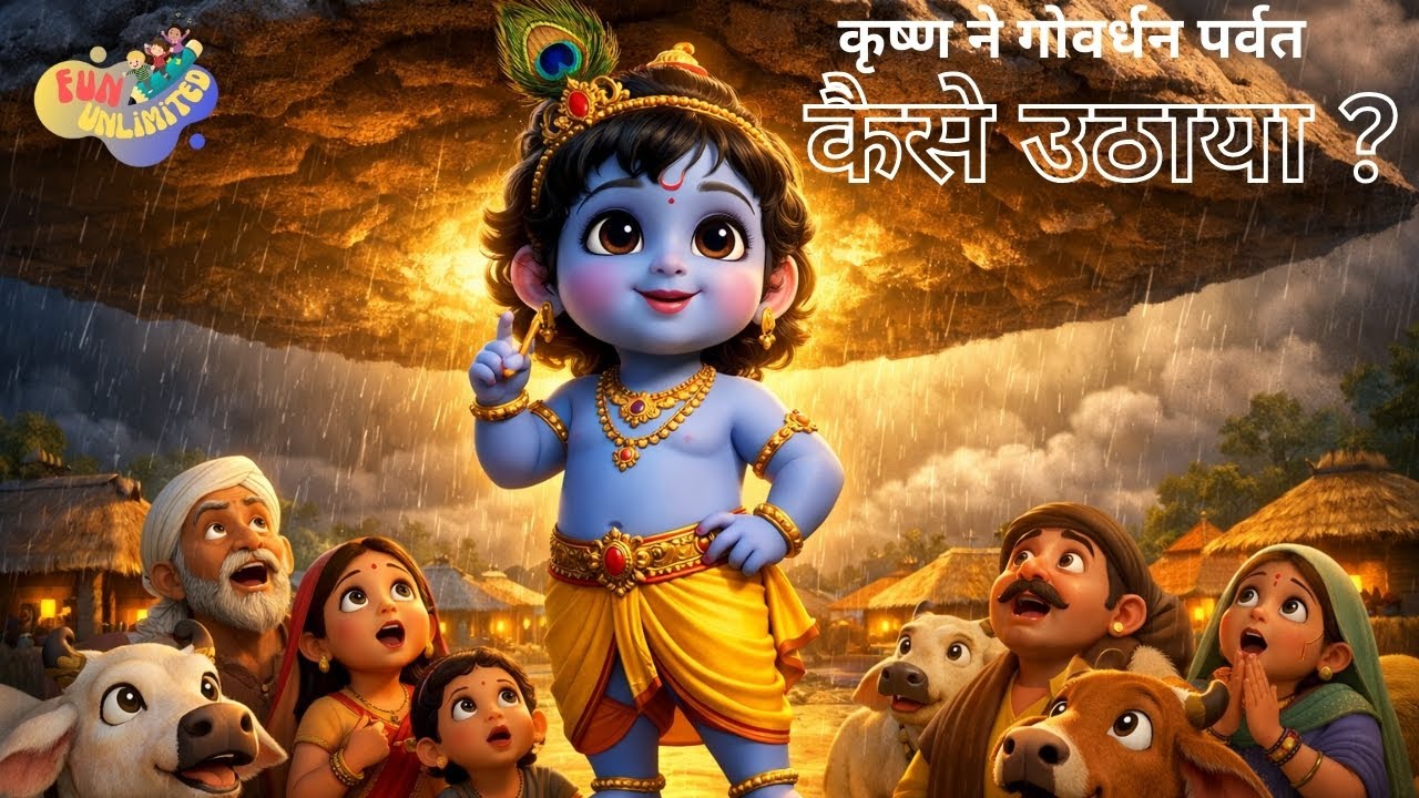 Krishna Lifts Govardhan Mountain | Little Krishna Stories for Kids in Hindi | Krishna Cartoon Story