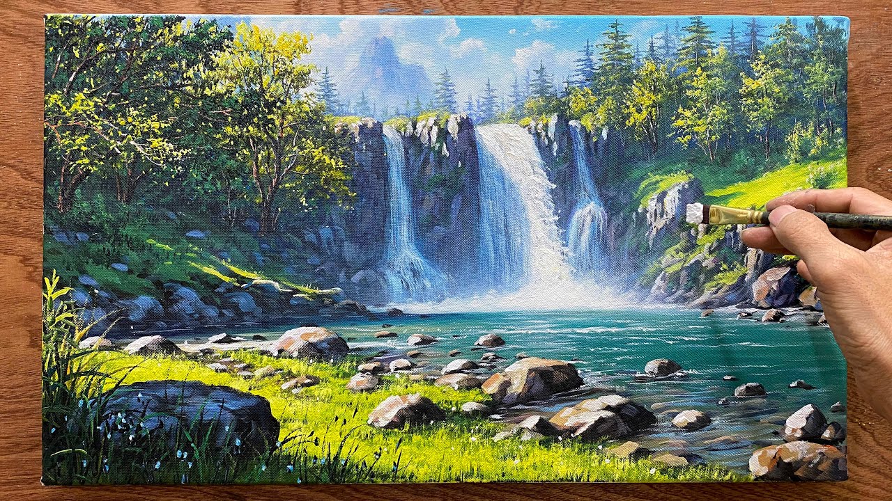 Painting a waterfall / Landscape painting of flowing stream water / A Lu Art / #art