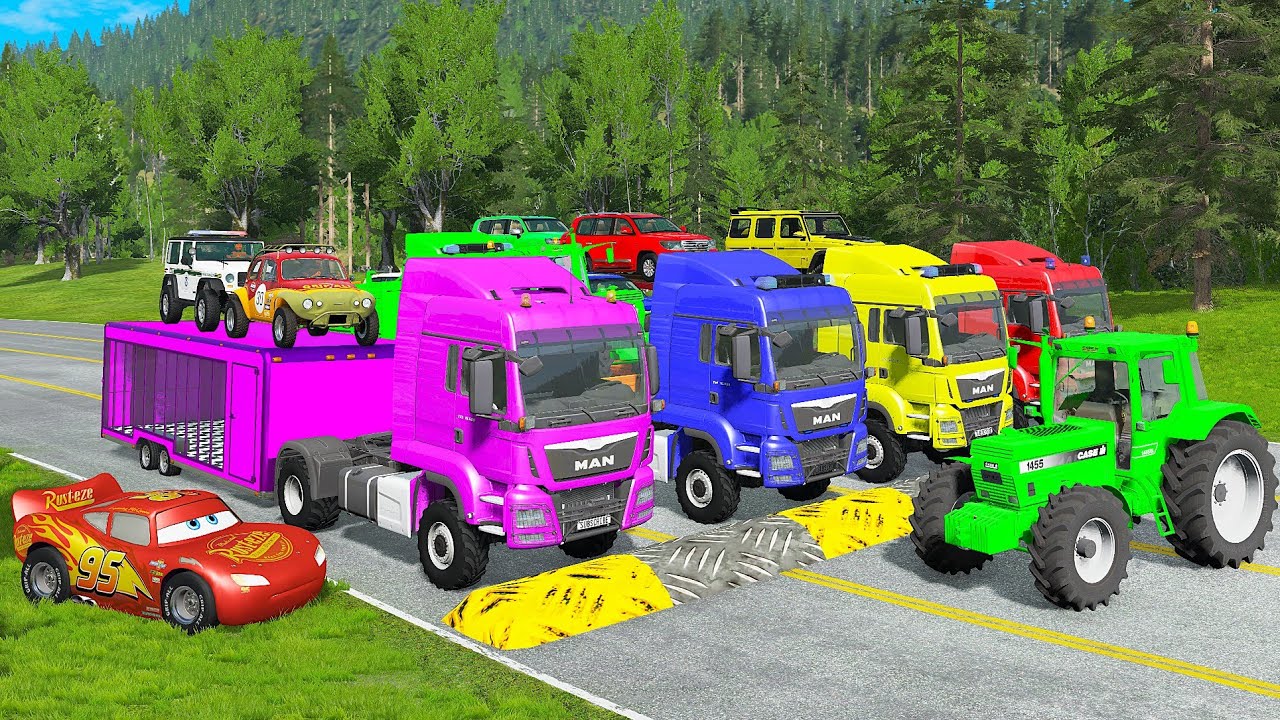 TRANSPORTING PIXAR CARS & FRUITS WITH COLORED & JOHN DEERE vs CLAAS vs TRACTORS - BeamNG.drive #983