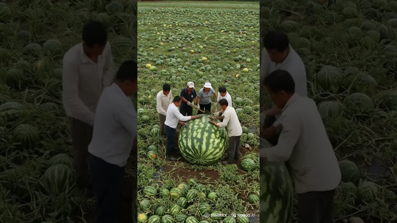 Farmers are super busy harvesting this giant watermelon