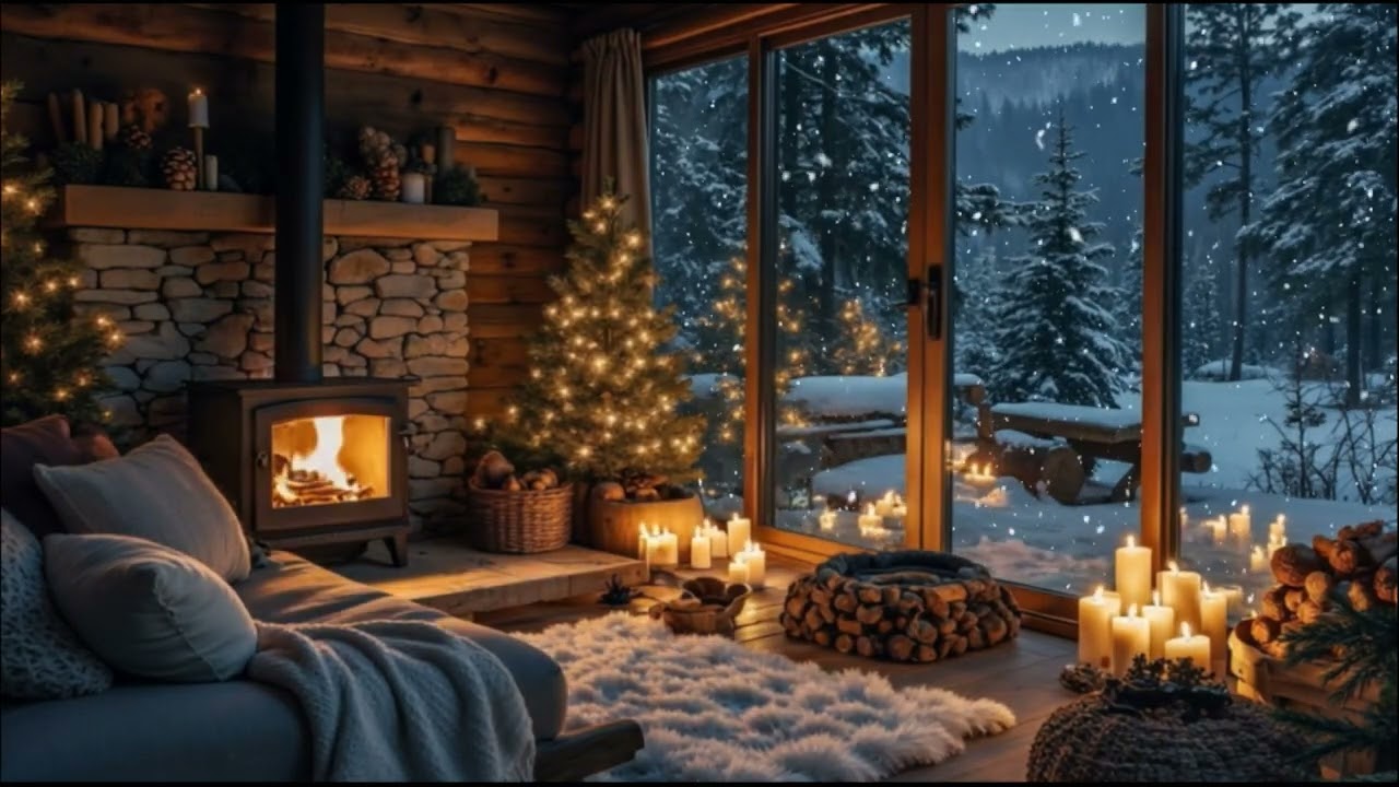 Cozy Winter Night 🎄 Fireplace Crackles with Falling Snow for Peaceful Relaxation