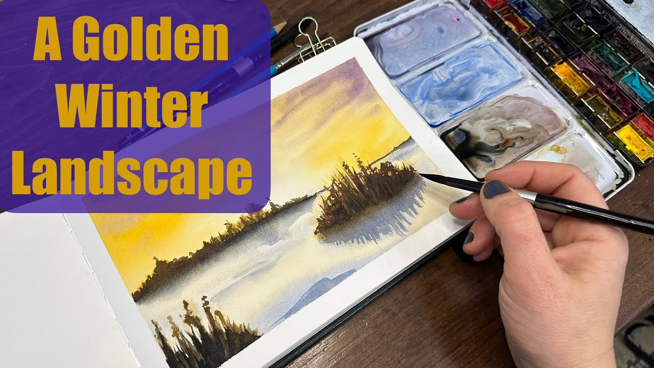 Watercolor Journal Day 230 (Golden Winter Landscape)